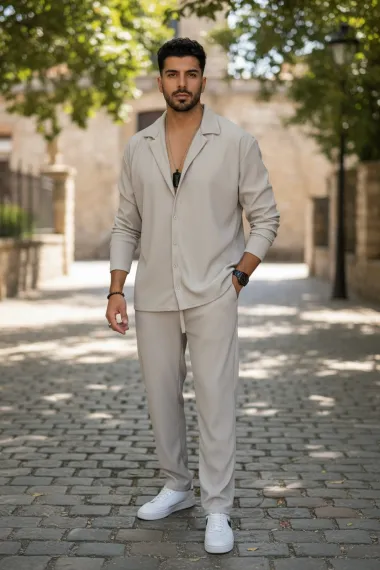 Trening barbati slim fit cream , Pantaloni + Bluza C400 34-3.3